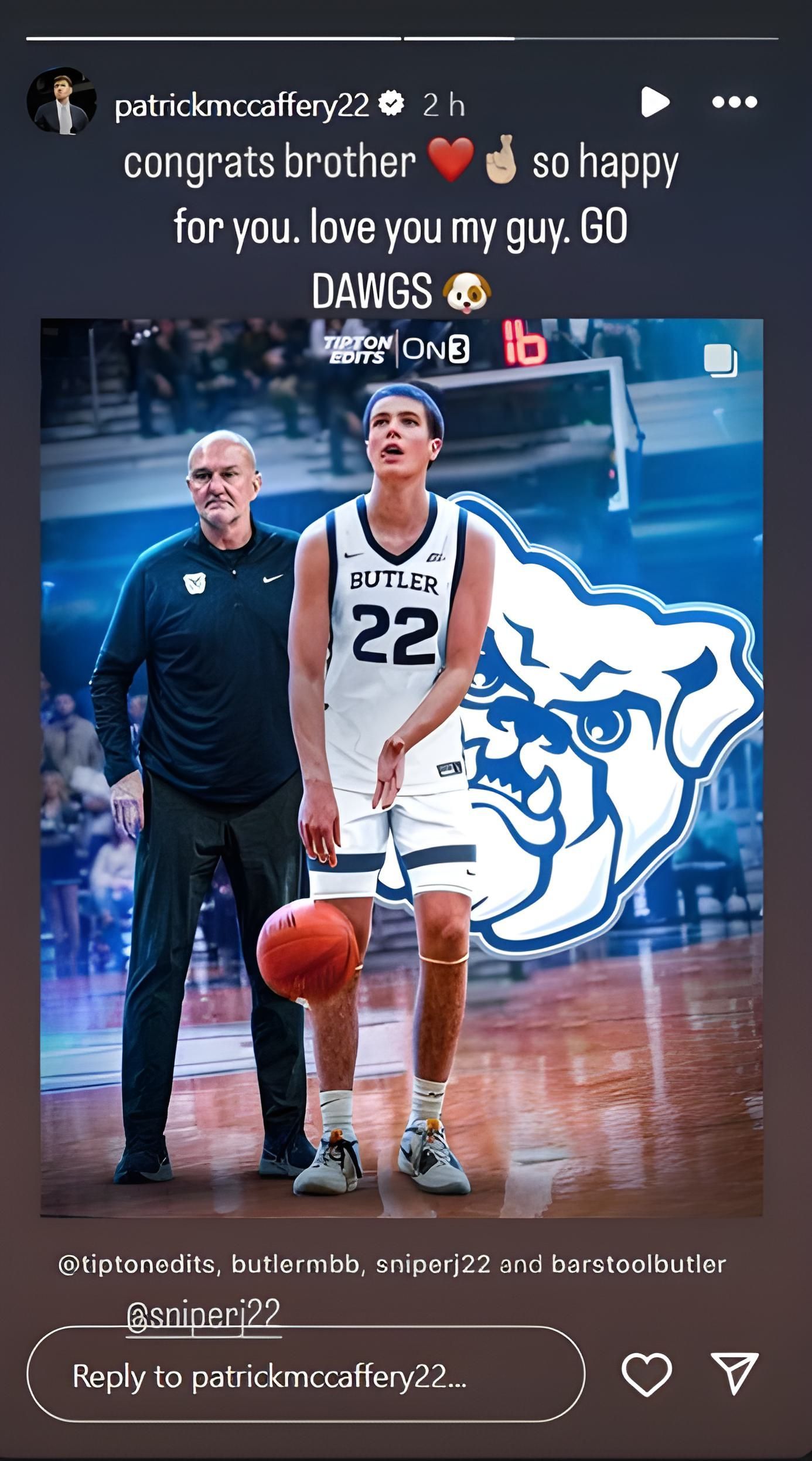 Partick Jack McCaffery&#039;s IG story about Jack McCaffery&#039;s Butler commitment