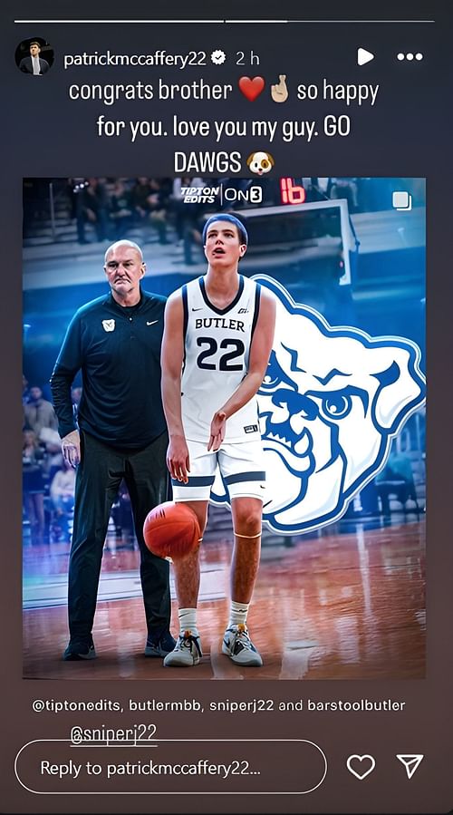 Partick Jack McCaffery's IG story about Jack McCaffery's Butler commitment