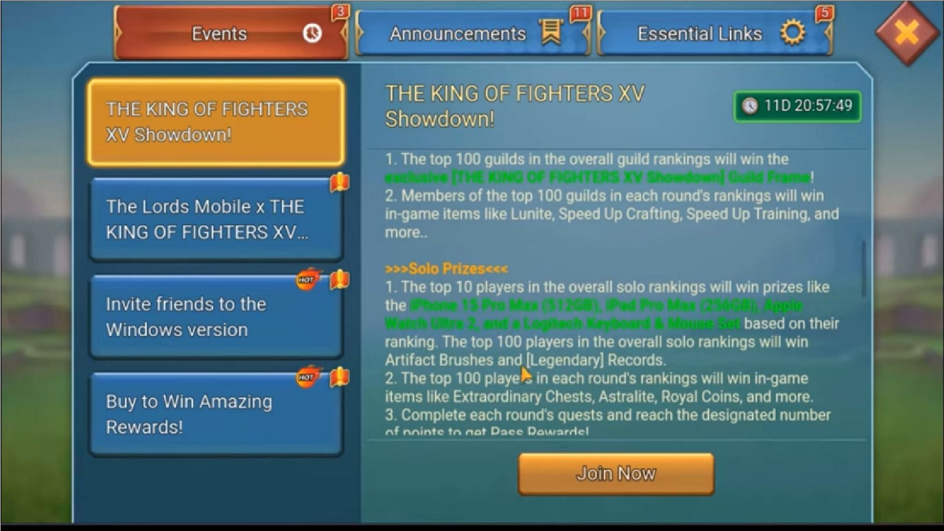 Here is how to play the Lords Mobile The King of Fighters XV Showdown Showdown event (Image via IGG)