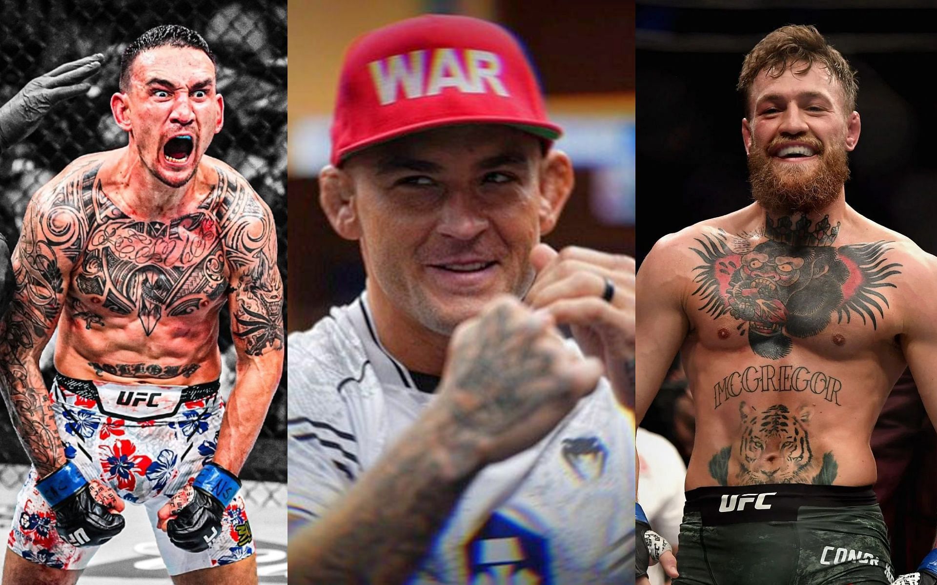 Dustin Poirier (middle) confirms Max Holloway (left) and Conor McGregor (right) could be his next opponent [Images courtesy: Getty Images, @dustinpoirier on X and @blessedmma on Instagram]