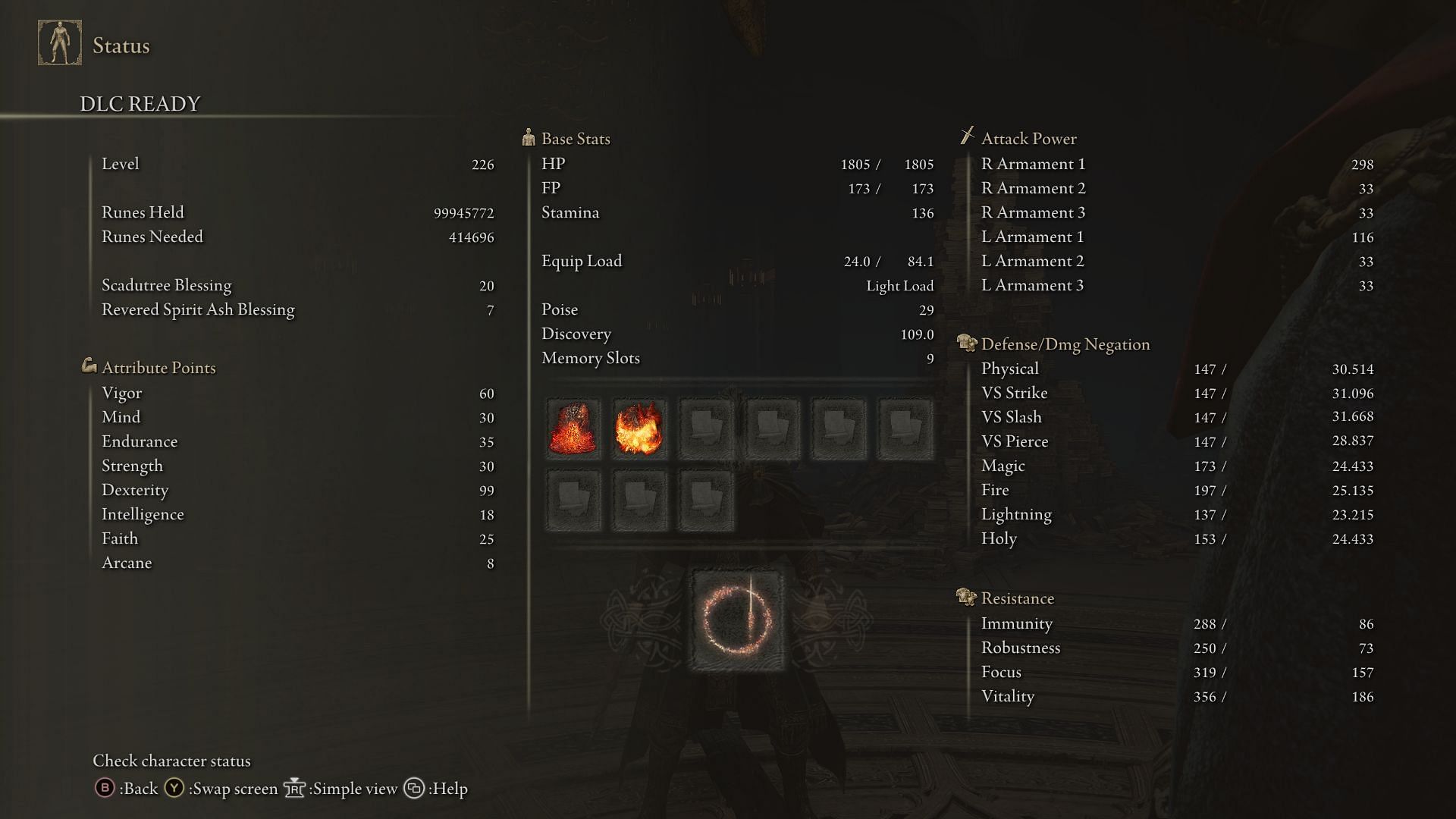 Stats for a level 220+ Ansbach build in Elden Ring Shadow of the Erdtree (Image via FromSoftware)