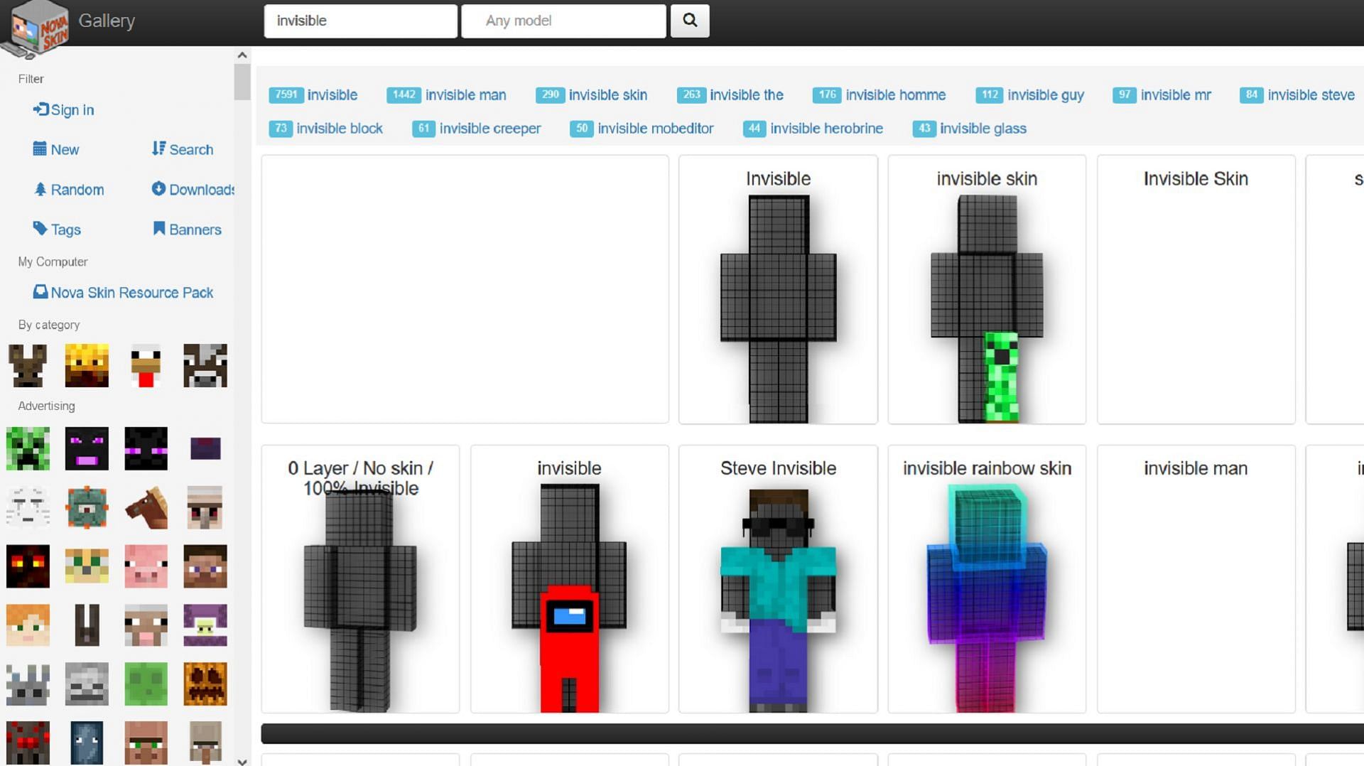 Various skin outlets like Nova Skin offer Minecraft skins that are effectively invisible (Image via Nova Skin)