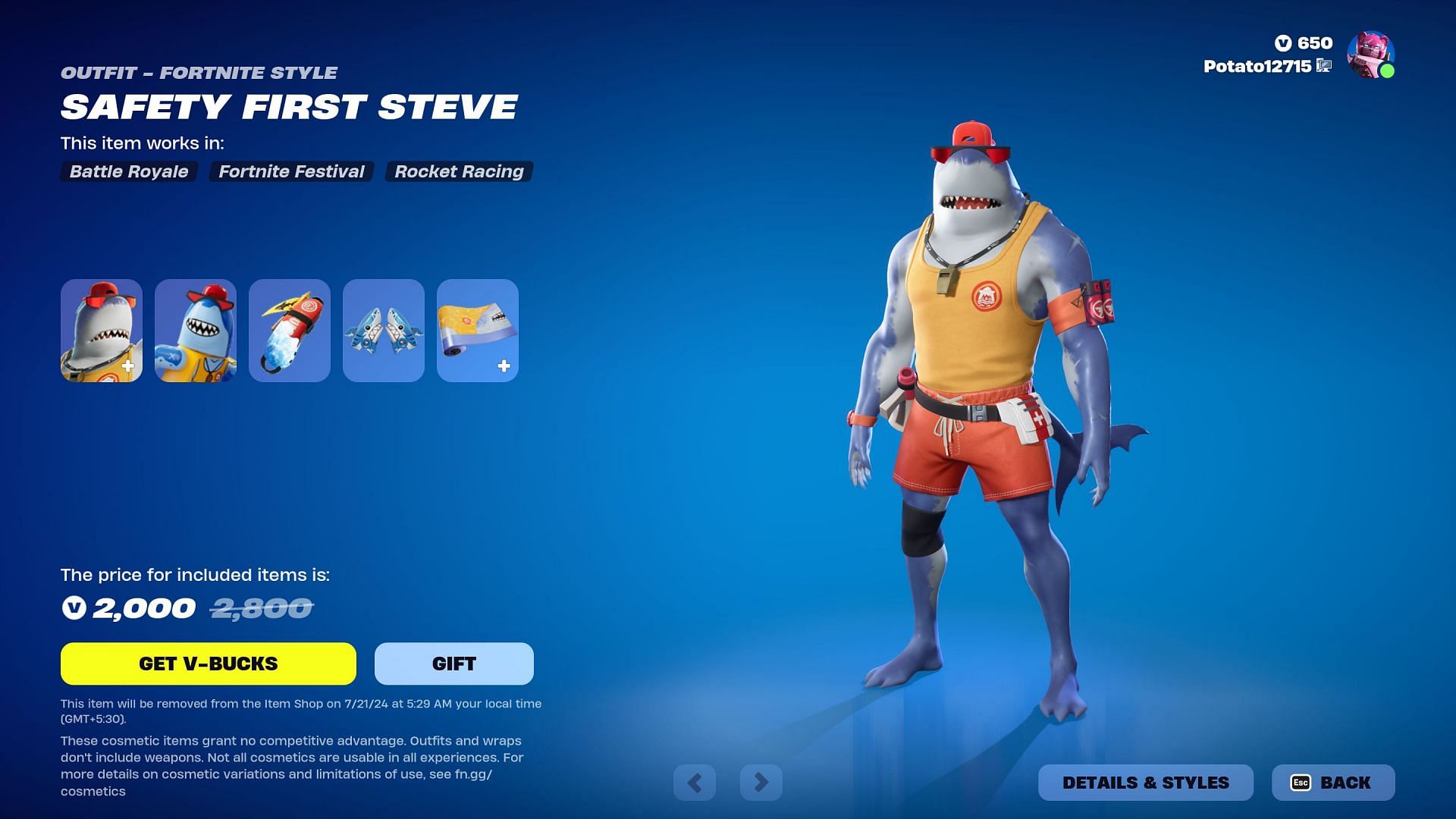 Safety First Steve will remain listed in Fortnite until July 21, 2024 (Image via Epic Games)