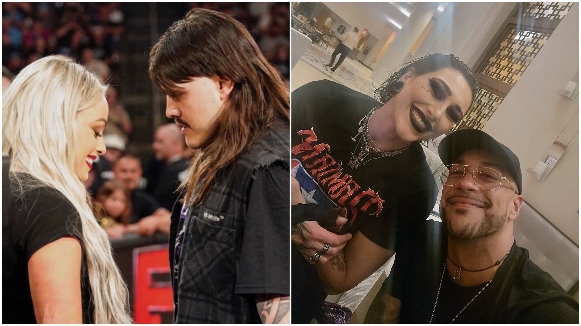 Liv Morgan &amp; Dominik Mysterio (left), and Rhea Ripley &amp; Damian Priest (right). [Image credit - Liv and Priest
