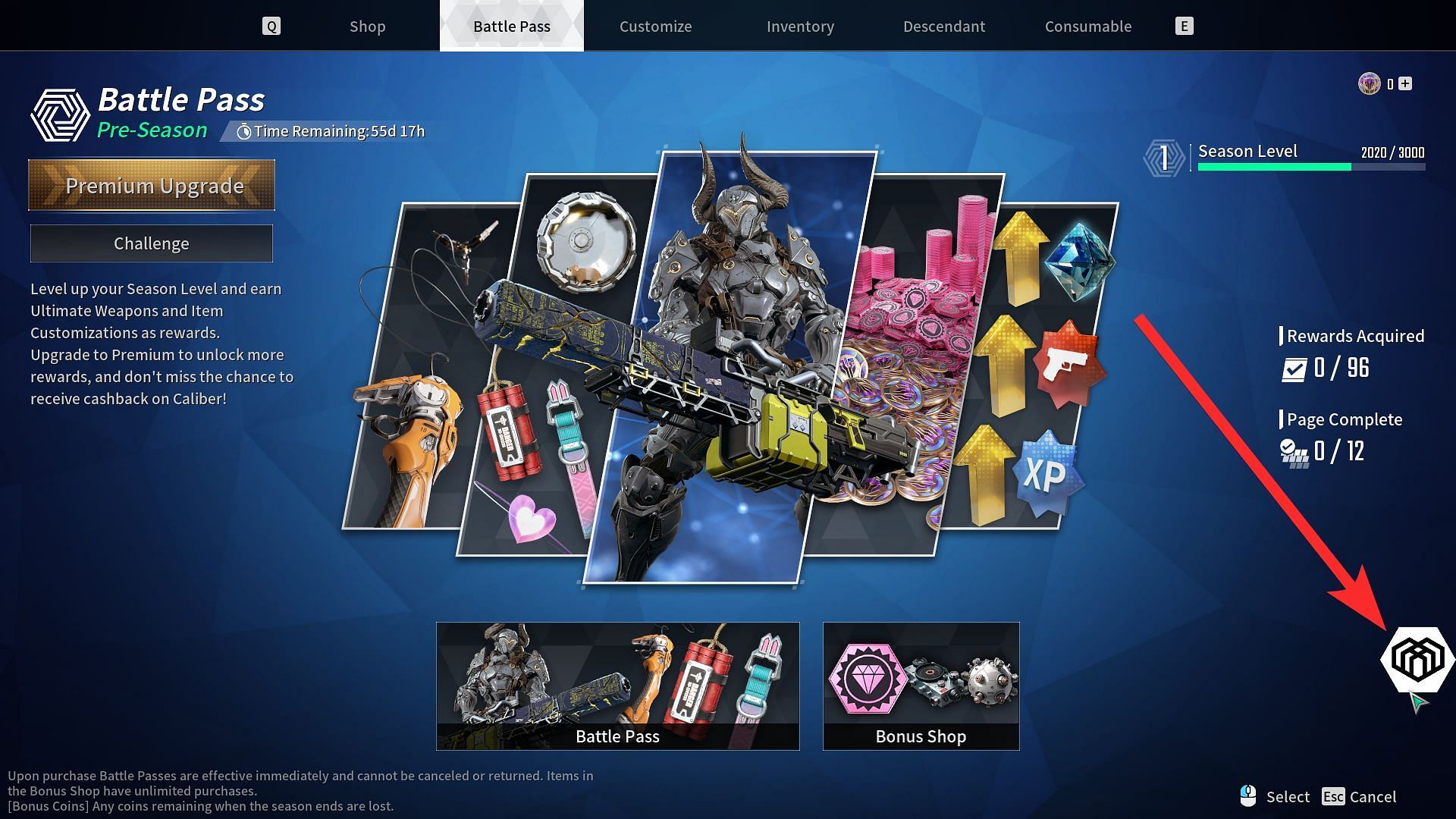 Access the Battle Supply Shop by selecting the tiny icon at the bottom right corner from the battle pass menu (Image via Nexon)