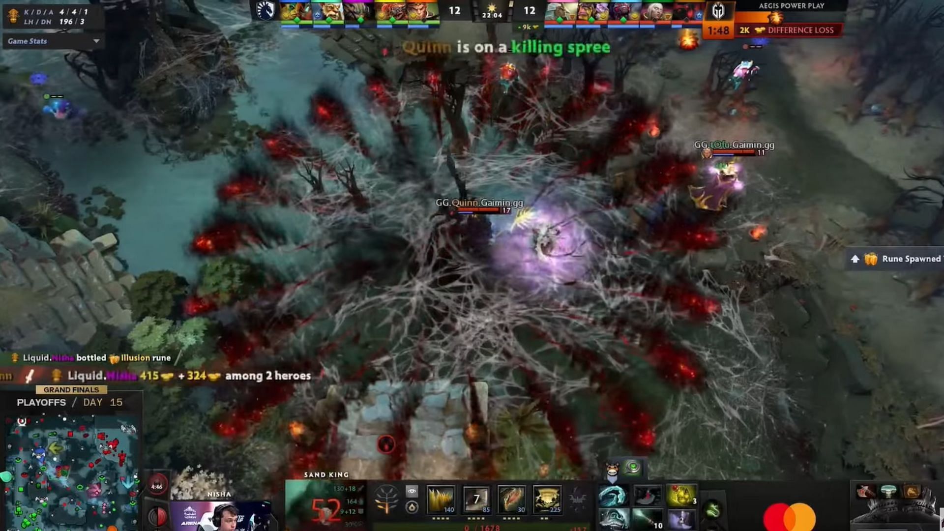 Quinn kills the Sand King within a few seconds after Invoker&#039;s Tornado (Image via ewc_dota2@Twitch)