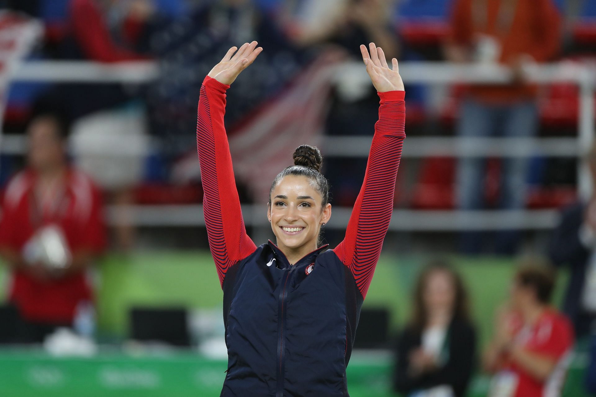 Aly Raisman on the podium before receiving her silver medal during the Artistic Gymnastics Women&#039;s Individual All-Around Final at the Rio Olympics in Brazil. (Photo via Getty Images)