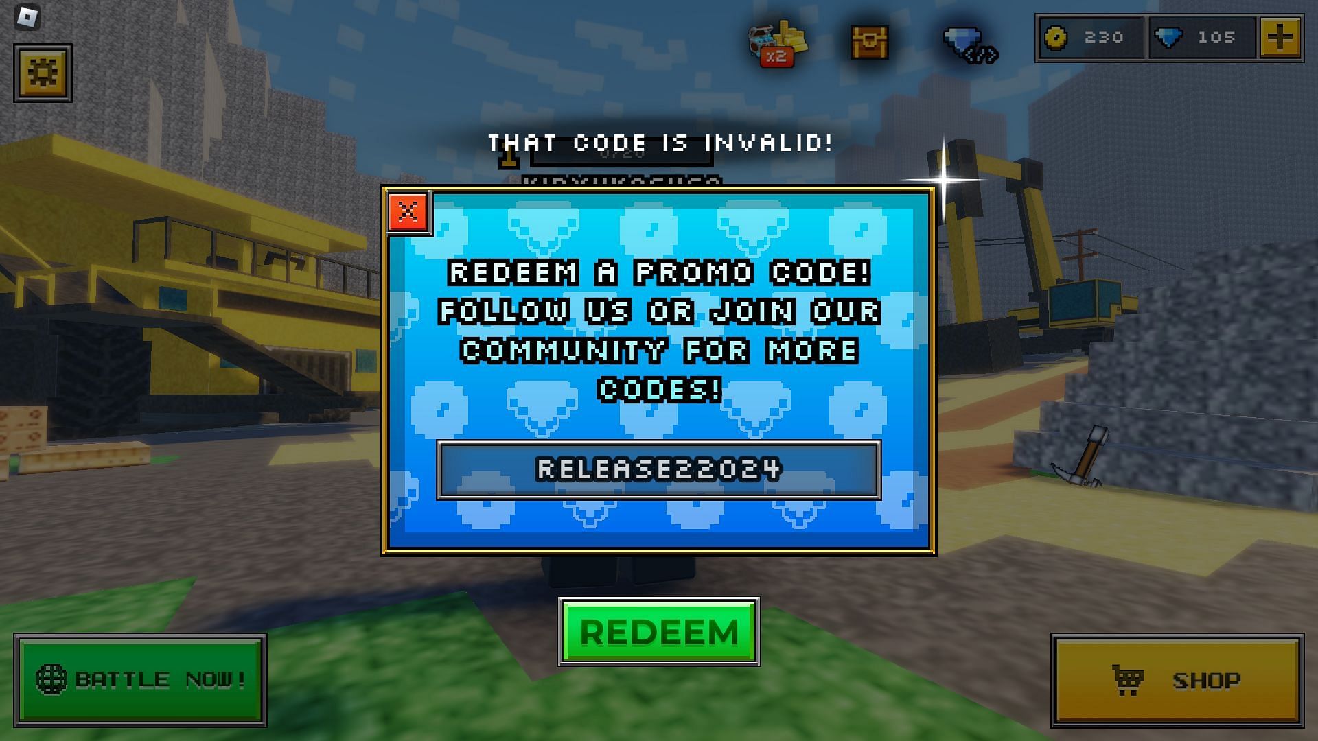 Troubleshooting codes for Bloxel Gun (Image via Roblox)