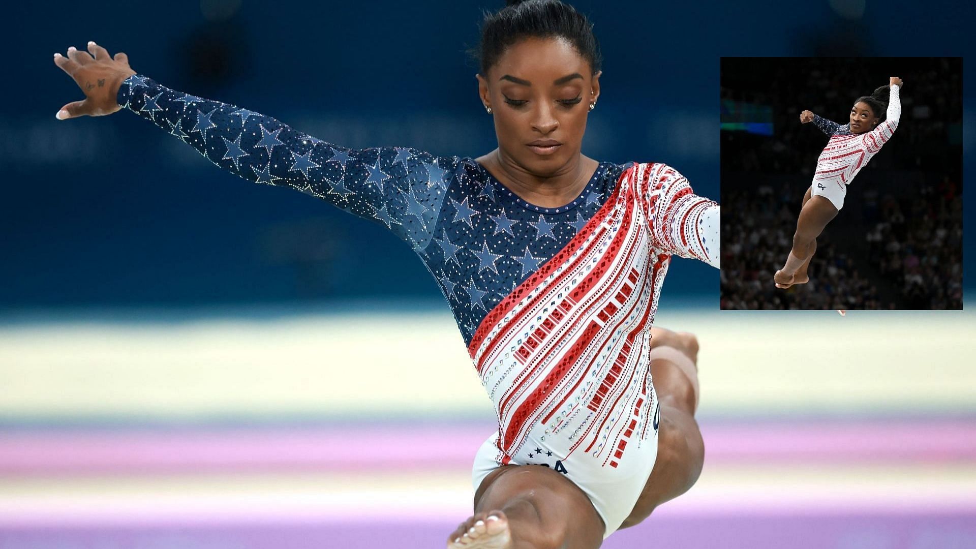 Simone Biles during the team event finals at Paris Olympics (Images via Getty)