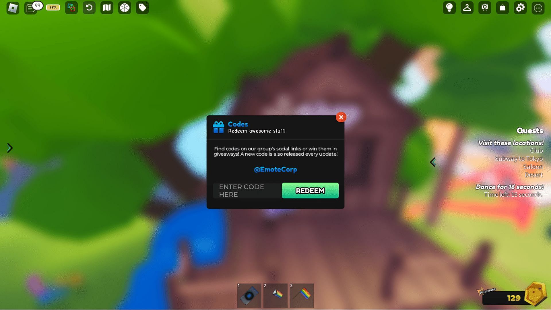 Redeem codes in TTD 3 (Image via Roblox)