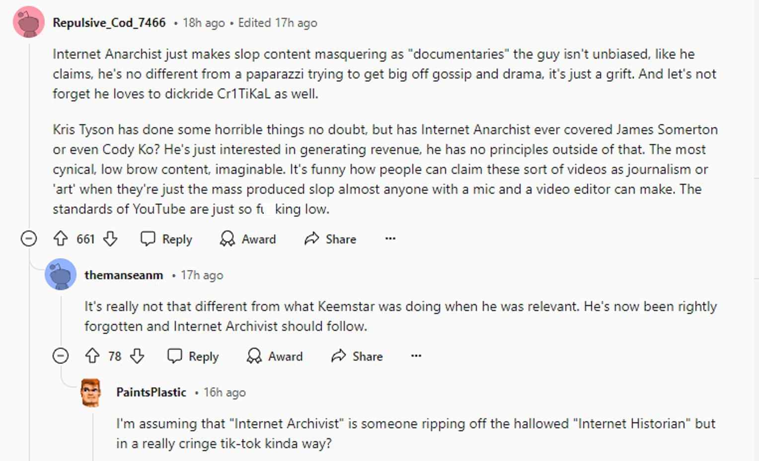 Fans critical of the Internet Anarchist (Image via r/youtubedrama)