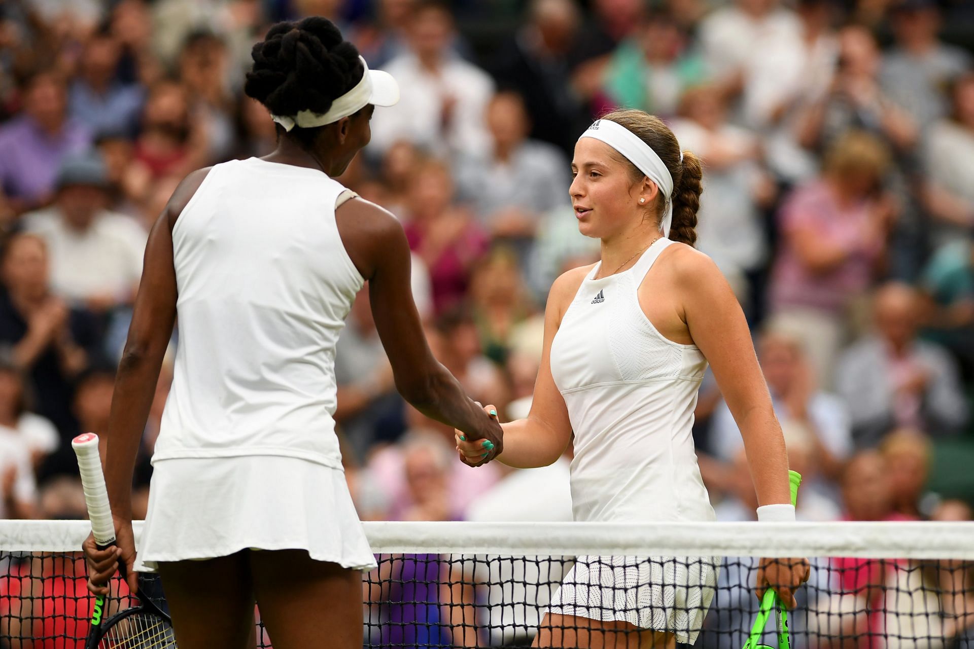 Venus Williams (L) and Jelena Ostapenko pictured at Wimbledon 2017