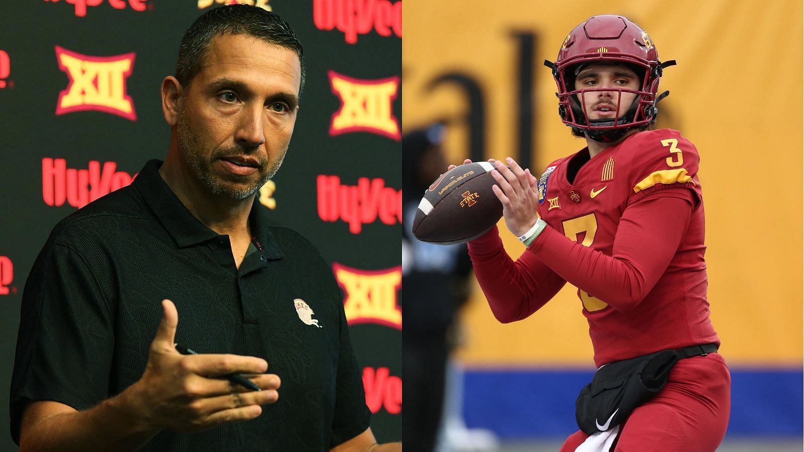 Iowa State coach Matt Campbell and QB Rocco Becht will be discussed at Big 12 Media Days. (Photo credit: Campbell by The Ames Tribune, Becht by Petre Thomas-- USA TODAY Sports).