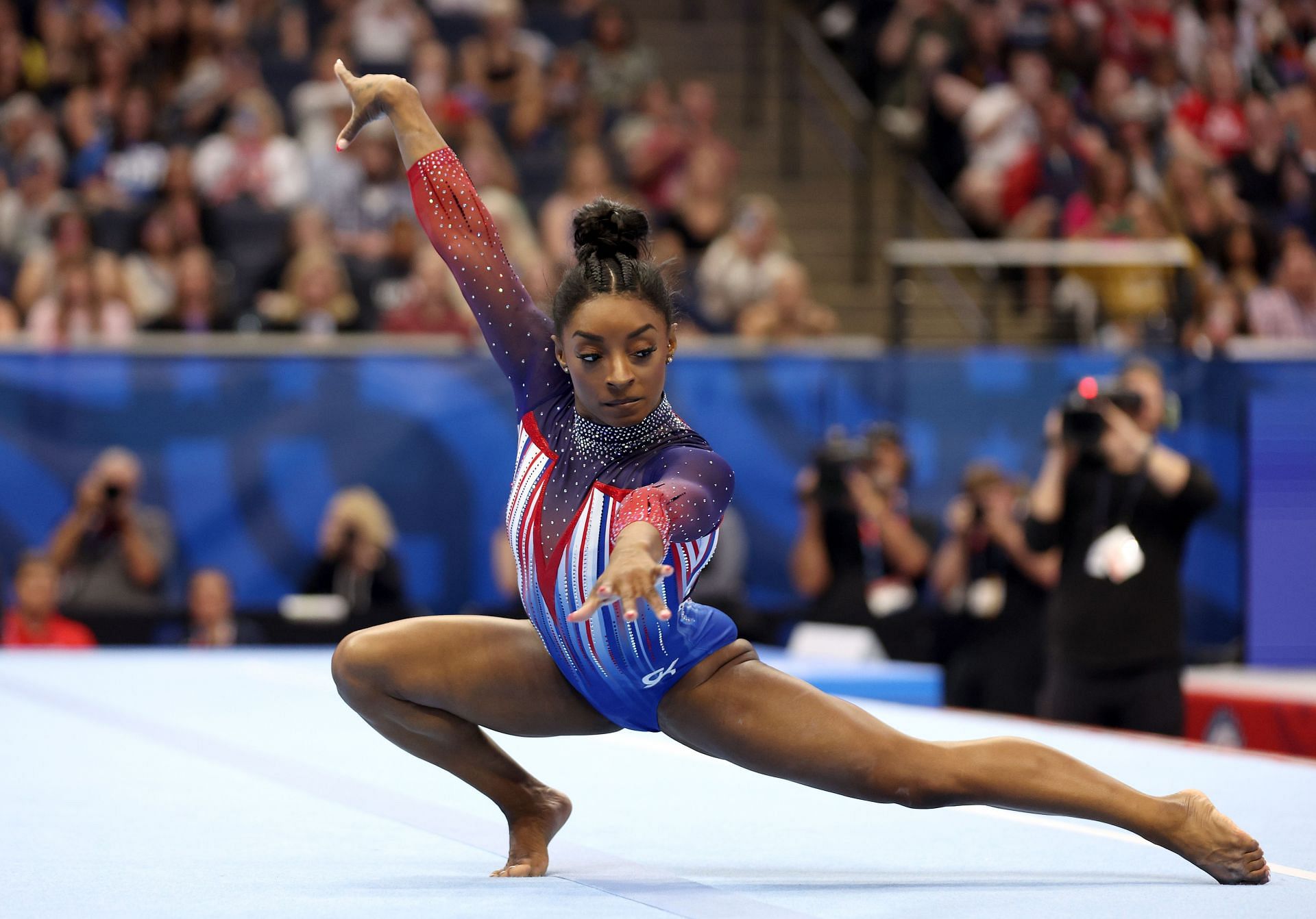 Simone Biles competes in the floor exercise on Day Four of the 2024 U.S. Olympic Team Gymnastics Trials at Target Center on June 30, 2024 in Minneapolis, Minnesota. (Photo by Jamie Squire/Getty Images)