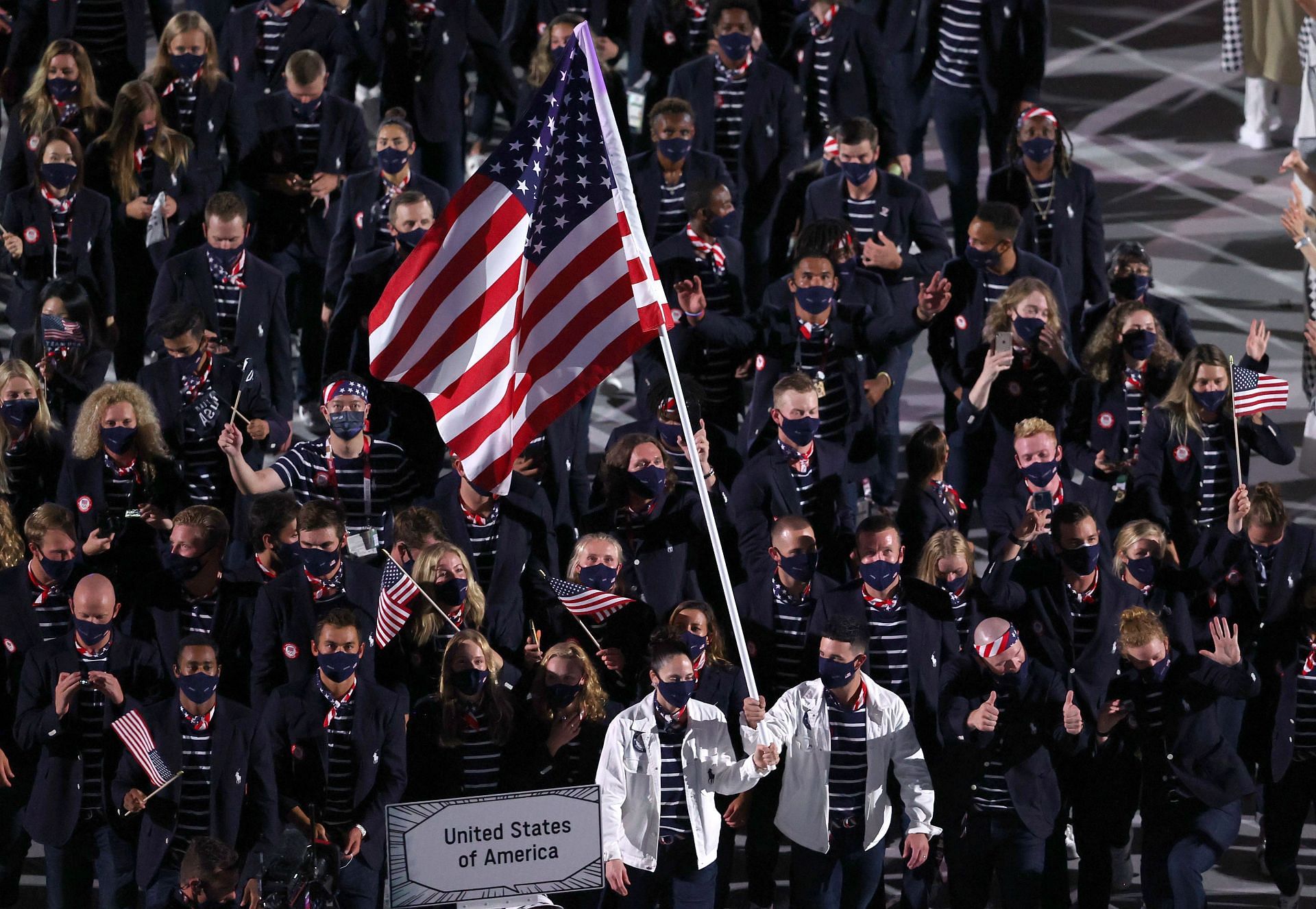 Flag bearers Sue Bird and Eddy Alvarez lead the USA out during the Opening Ceremony of the Tokyo 2020 Olympic Games. (Photo by Clive Brunskill/Getty Images)