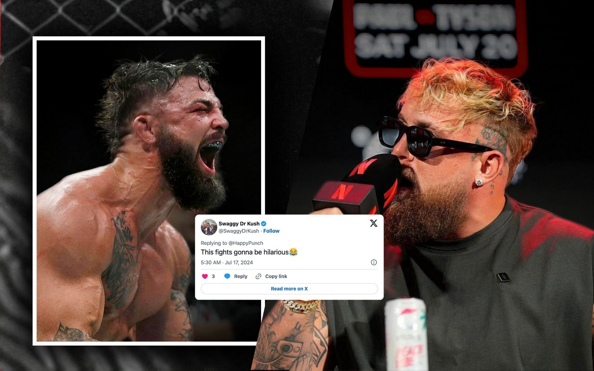 Fans react to a bizarre face-off between Jake Paul (right) and Mike Perry (left). [Image courtesy: Getty Images]