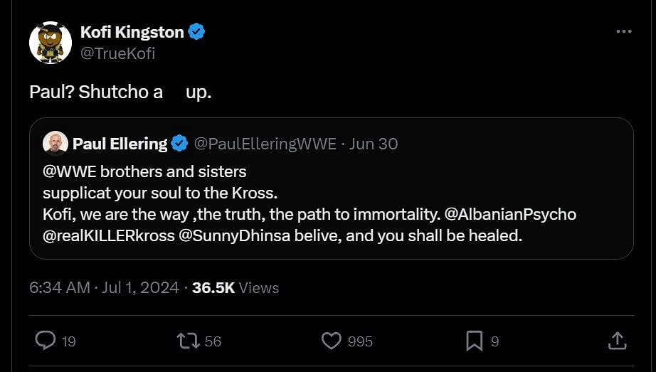 Kofi Kingston retaliates against another mind game by The Final Testament (Credit: Kofi's X/Twitter account)