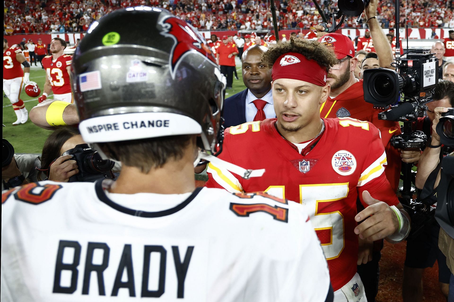 Tom Brady and Patrick Mahomes during Kansas City Chiefs v Tampa Bay Buccaneers