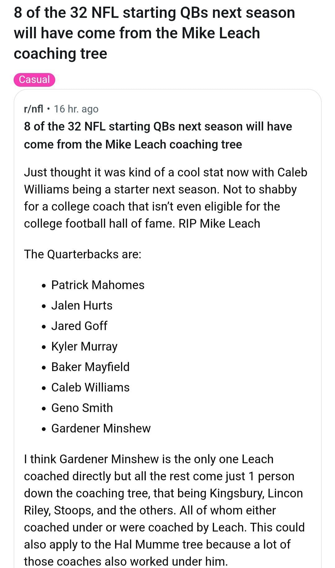 Reddit post with Leach&#039;s QB statistic