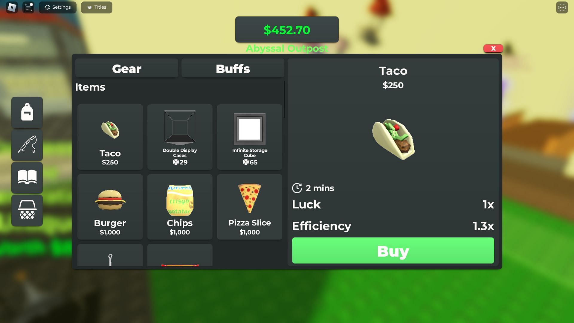 Buffs can be purchased at the in-game shop (Image via Roblox)