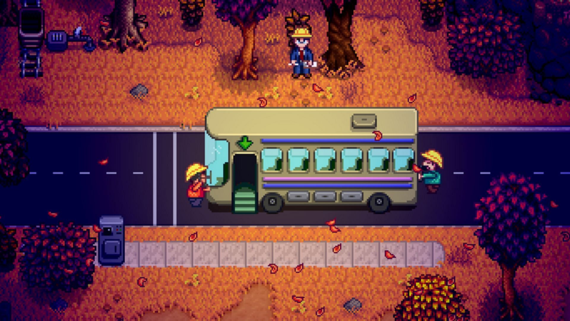 Joja Co. repairing the bus to Calico desert (Image via ConcernedApe)