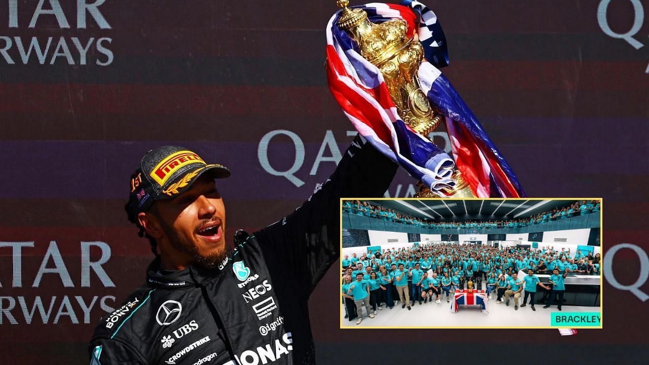 Lewis Hamilton of Great Britain and Mercedes celebrates on the podium. Source: Getty. Mercedes