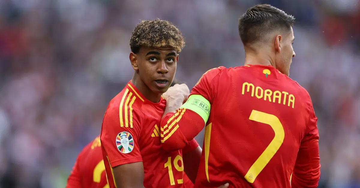 Spain midfielder Lamine Yamal (left) and captain Alvaro Morata