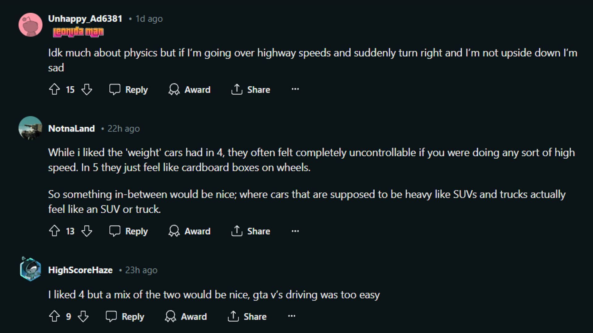 Fans discuss the type of car-driving physics they want in the next game (Image via Reddit)