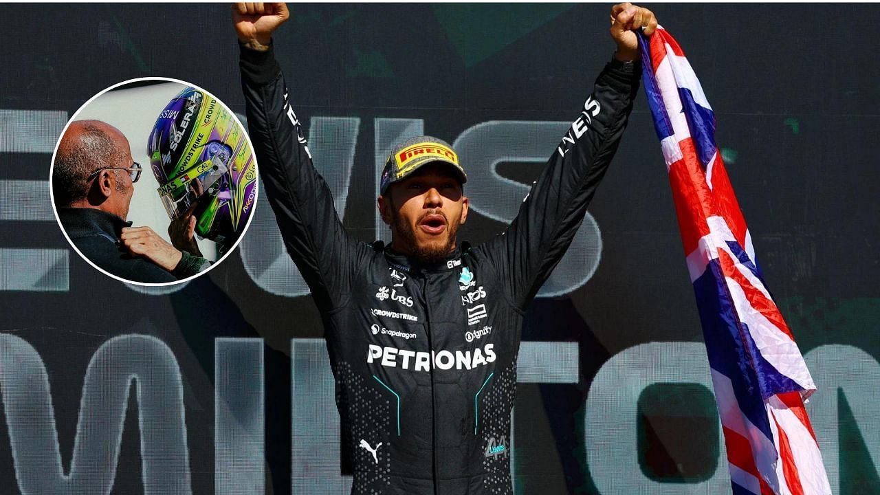 Lewis Hamilton celebrating his win. Image Courtesy: Getty. Lewis Hamilton and Anthony Hamilton (inset) Courtesy: (instagram.com/@lewishamilton)