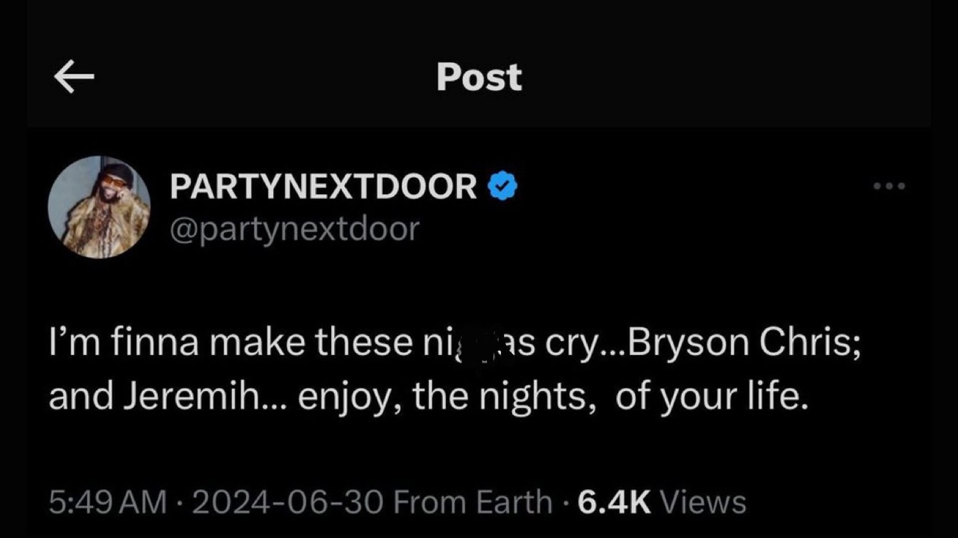 PartyNextDoor&#039;s post about Chris Brown, Jeremih, and Bryson Tiller (Image via X)