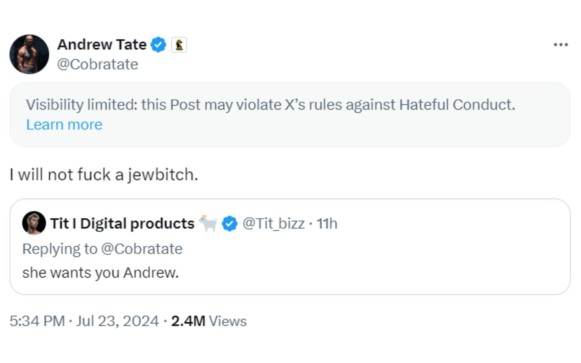 Tate&#039;s tweet. [Image credit: @Cobratate on X]