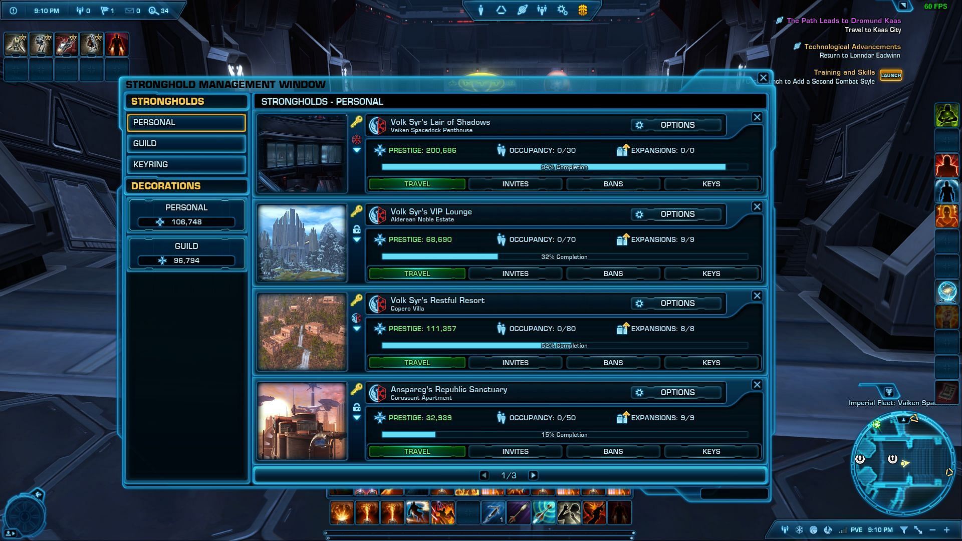 The Stronghold selection window in SWTOR (Image via Electronic Arts)