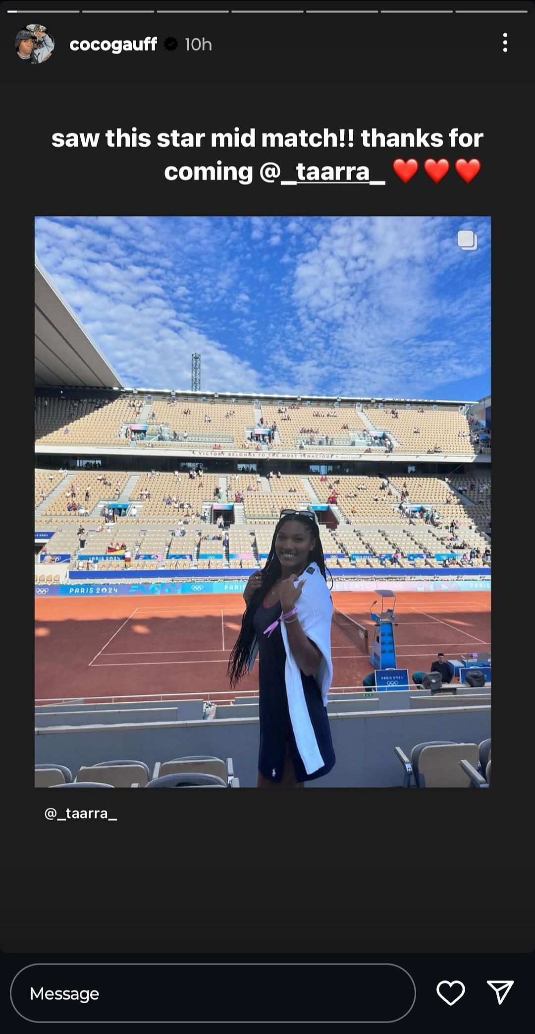 Coco Gauff's post appreciating Davis-Woodhall attending her 1R women's singles match at the 2024 Paris Olympics (Source: Instagram/Coco Gauff)