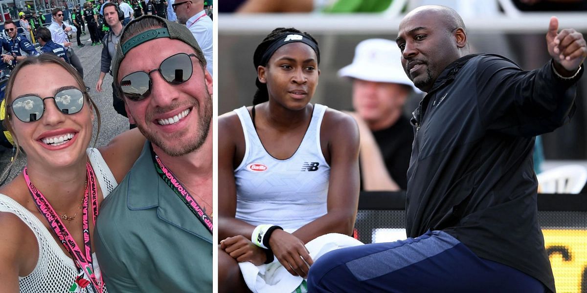 (Left to Right) Aryna Sabalenka, Georgios Frangulis, Coco Gauff and father Corey (Source: @arynasabalenka on Instagram; Getty Images)