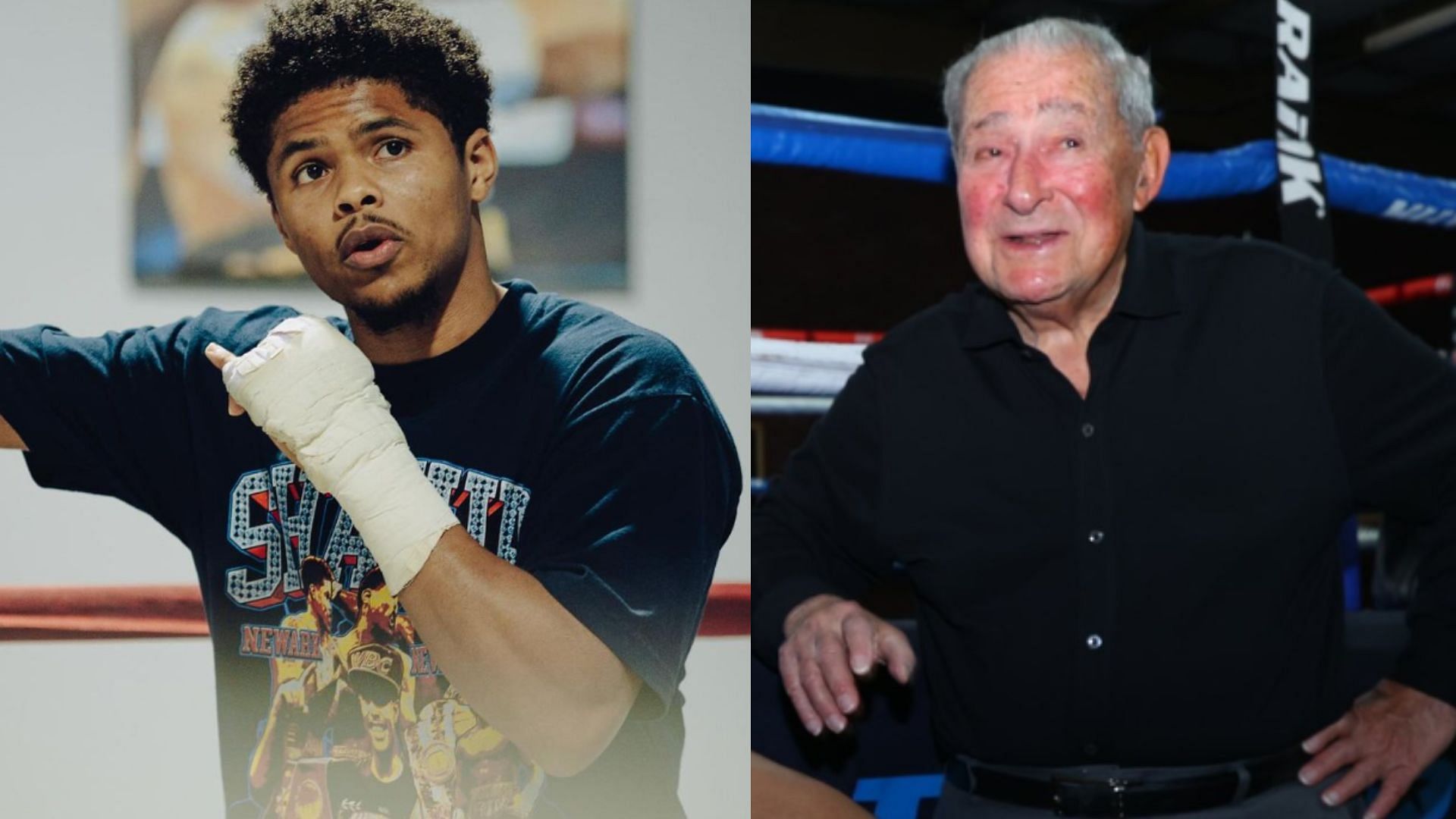 Shakur Stevenson (left) reveals his contract with Bob Arum