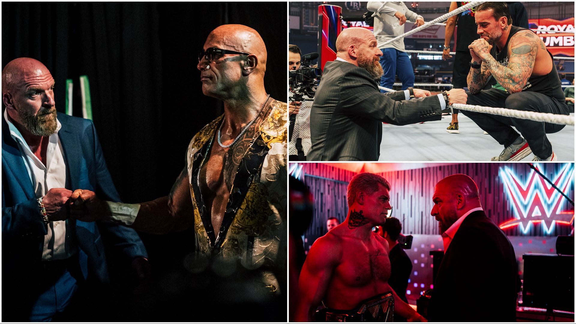 Triple H with CM Punk before WWE Royal Rumble, HHH with The Rock and Cody Rhodes at WrestleMania XL
