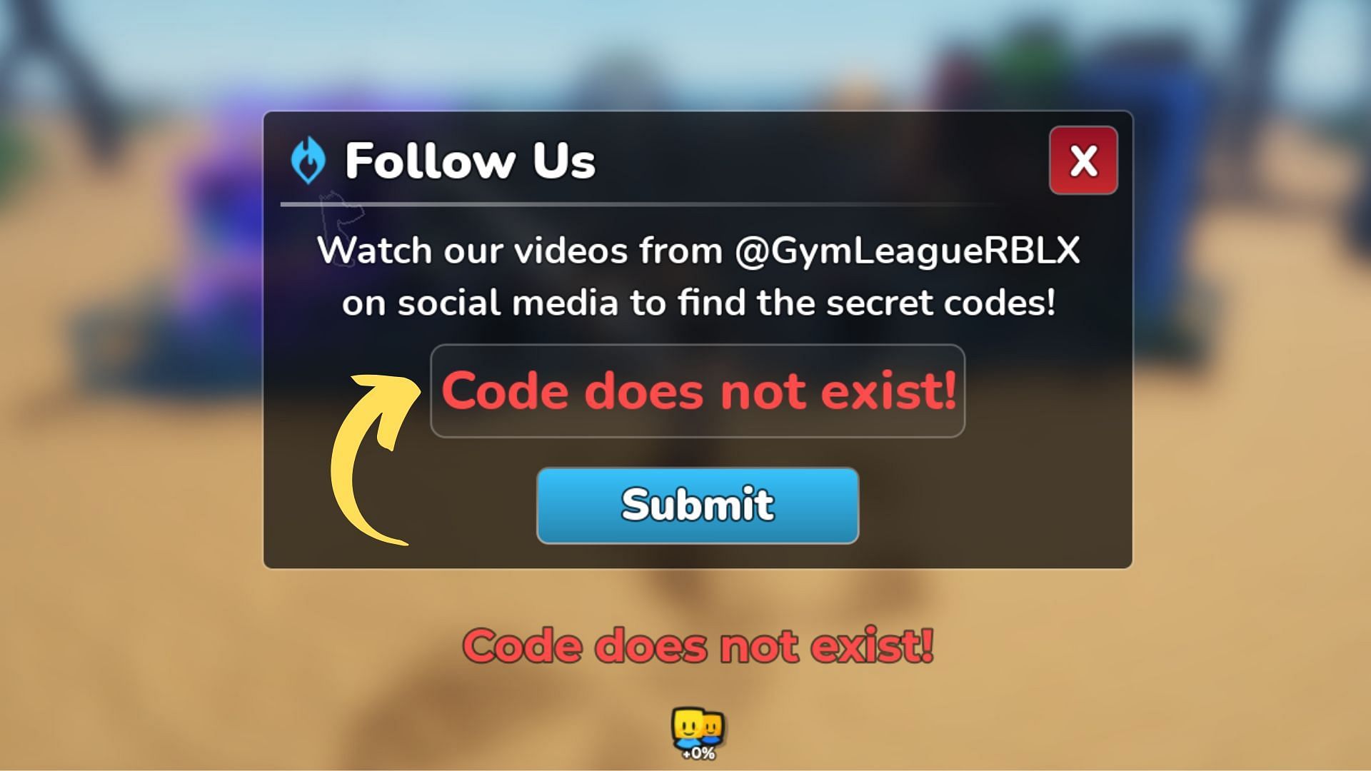 Gym League invalid code issue (Image via Roblox || Sportskeeda)