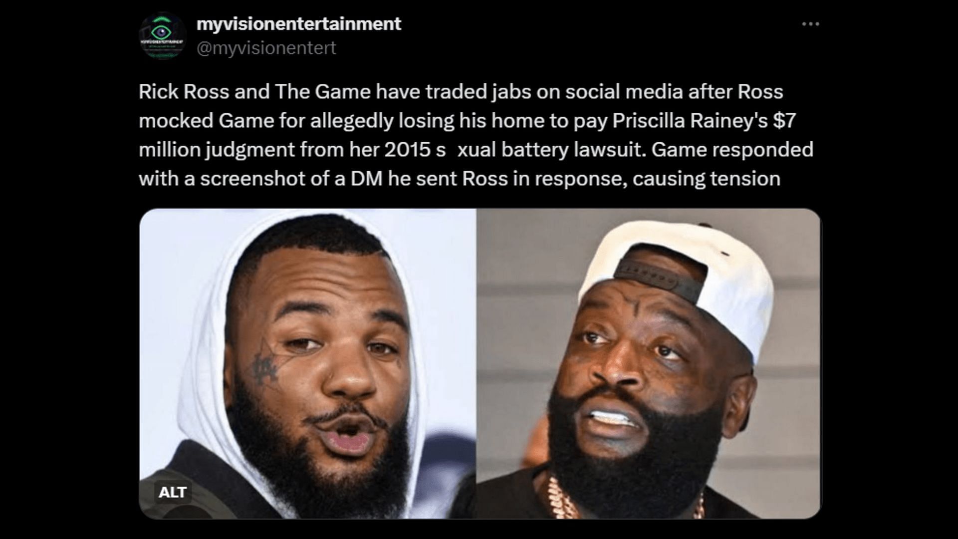 Rappers The Game and Rick Ross are currently beefing. (Image via X/ myvisionentert)