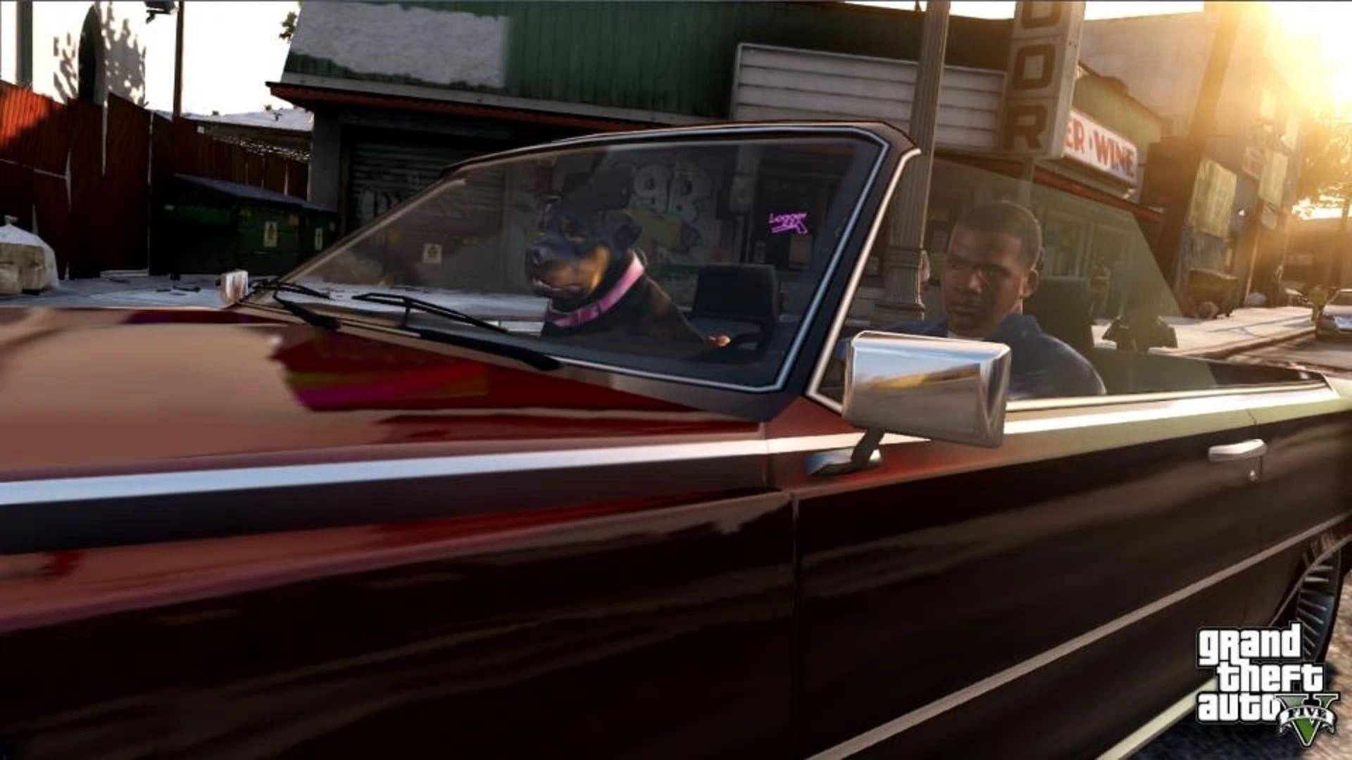 A screenshot featuring GTA 5&rsquo;s Chop with Franklin Clinton (Image via Rockstar Games)