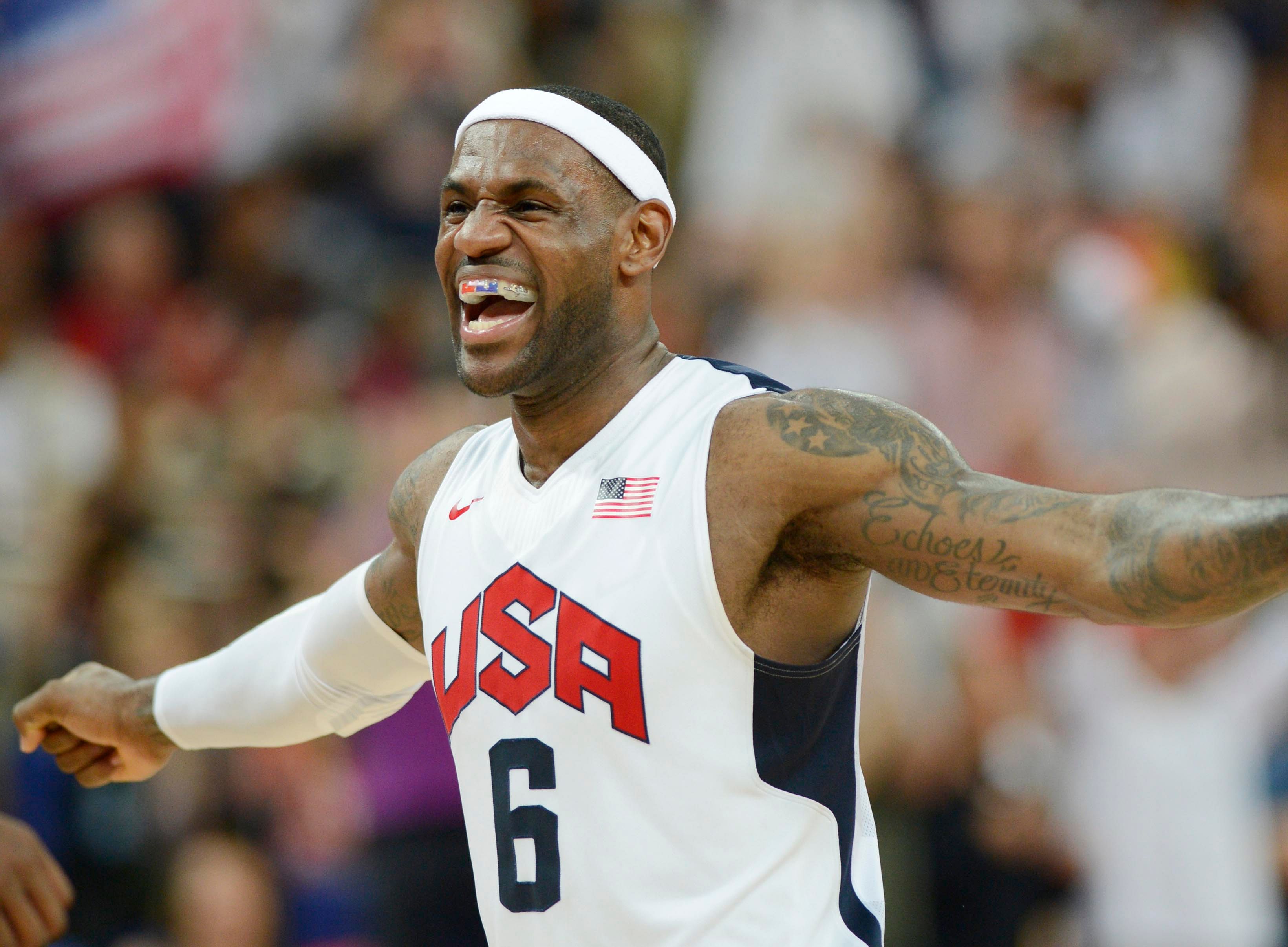 LeBron James celebrates after winning the gold in the men's basketball final against Spain in the London 2012 Olympic Games. Photo Credit: Imagn