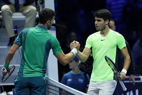 Novak Djokovic (L) and Carlos Alcaraz (R) at the 2023 Nitto ATP Finals (Source: Getty)