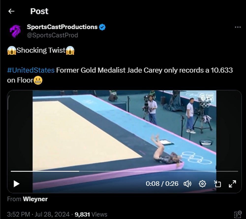 Screenshot of fan post from X of Carey&#039;s fall during the floor routine in the qualification round at the 2024 Paris Olympics | X.com/SportsCastProd