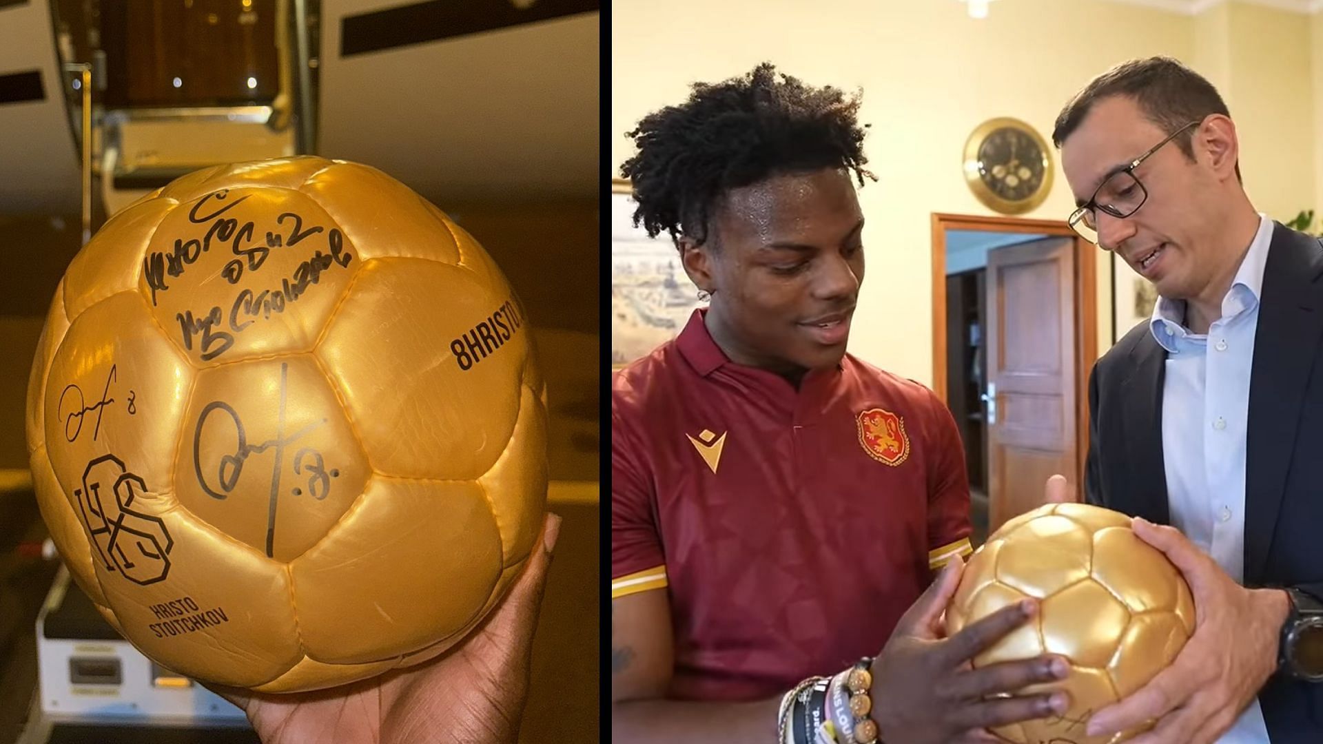 Mayor of Sofia gifts IShowSpeed a ball signed by Hristo Stoichkov (Image via IShowSpeed/YouTube, @ronaldobetter/X)