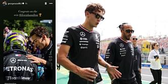 George Russell congratulates Lewis Hamilton on winning the F1 Belgian GP after being disqualified from the race