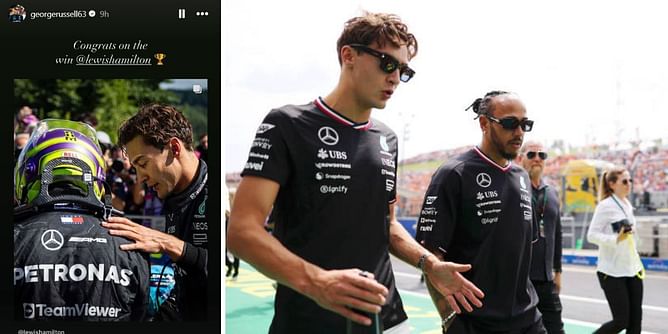 George Russell congratulates Lewis Hamilton on winning the F1 Belgian GP after being disqualified from the race