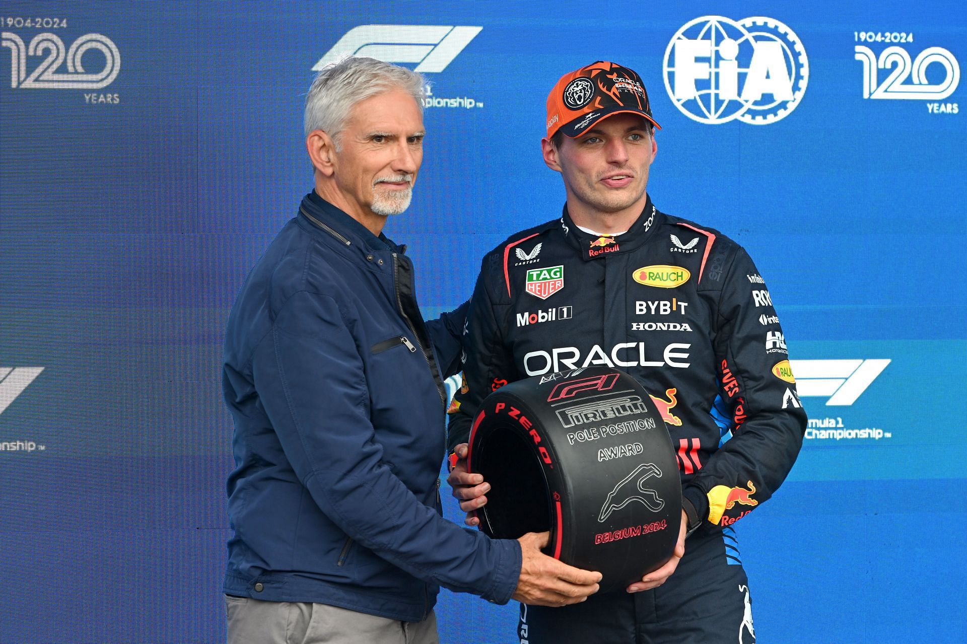 Pole position qualifier Max Verstappen and Damon Hill (Image source: Getty Images)