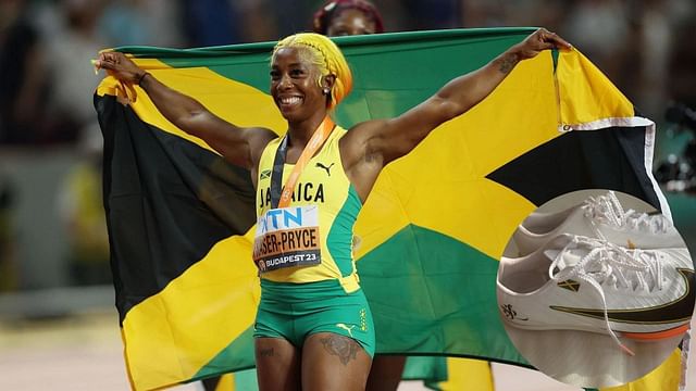 Shelly-Ann Fraser-Pryce at the 2023 World Championships in Budapest (main frame) and her spikes (lower right)