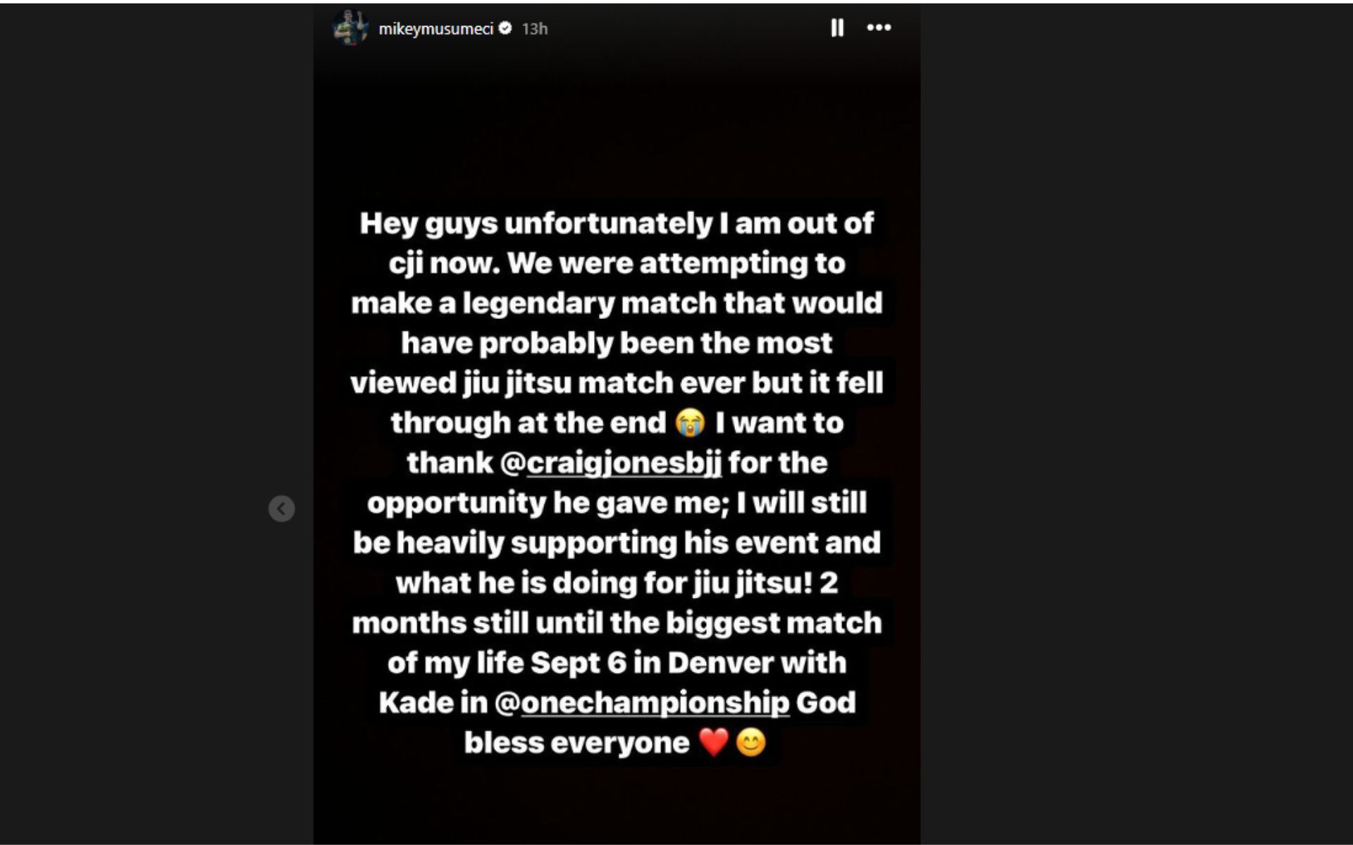 Screenshot of Mikey Musumeci&#039;s Instagram story about his withdrawal from the CJI