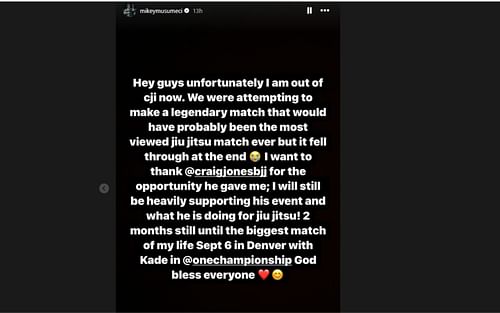 Screenshot of Mikey Musumeci's Instagram story about his withdrawal from the CJI