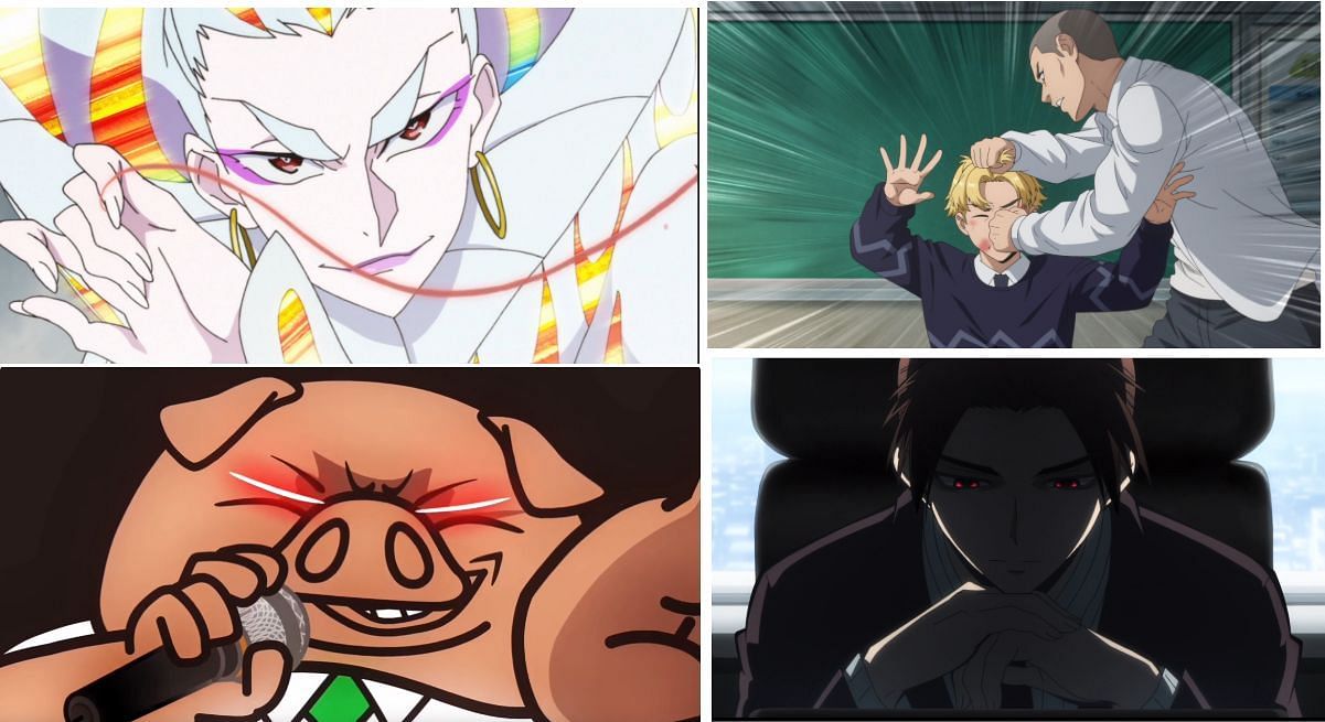 Several examples of relatable evils in anime (Image via Studio Trigger, Okuruto Noboru, Fanworks, and Lerche)